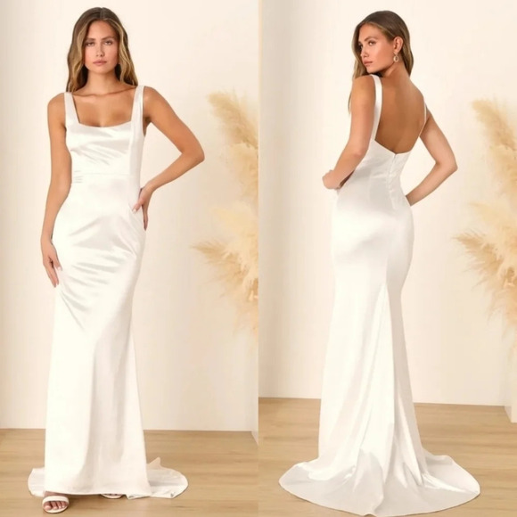 Lulu's Sensational Promise White Satin Square Neck Mermaid Maxi Dress XL Wedding - Picture 1 of 13